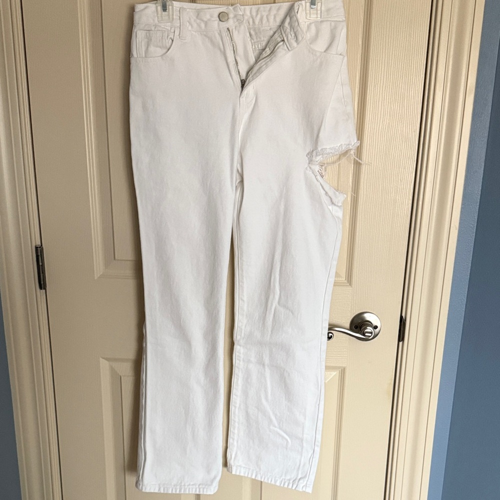 Cider Women's Straight Leg White Jeans with Thigh Slit
